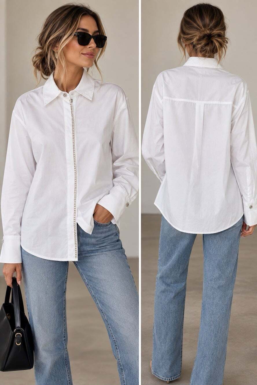 Zara White Pearl Rhinestone Trim Button Down Shirt Blouse Size M